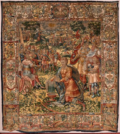 Egyházmegyei múzeum (Museo Diocesano). Flamand kárpit. Brüsszel. Atelier François Geubels. Sorozat Gideon története. A gyapjú gyapjú (Prueba del vellón de lana) csodája. Selyem és gyapjú. Vicente Roca de la Serna püspök hagyatéka. Barokk. 1534-1571, i alkotó: Maerten van Heemskerck