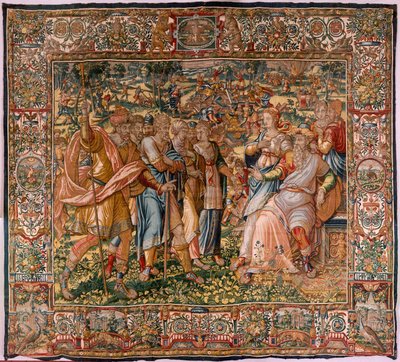 Egyházmegyei múzeum (Egyházmegyei Múzeum). Flamand kárpit. Brüsszel. François Geubels műhely. sorozat: Gideon története. Joás értesül arról, hogy Gedeon lerombolta Baal oltárát (Joás értesül arról, hogy Gedeon lebontotta Baal oltárát). Selyem és gyapjú. ha alkotó: Maerten van Heemskerck