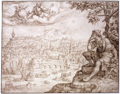 Jónás, a tök alatt ülve, Ninive városán elmélkedik, 1566 (toll és barna tinta tollal bevésve a papíron) alkotó: Maerten van Heemskerck