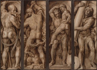 A Szaturnusz felfal egy gyermeket; Herkules megöli a hidrát; Herkules felemeli Antaeust; Herkules felállítja Calpe és Abyla oszlopait alkotó: Maerten van Heemskerck