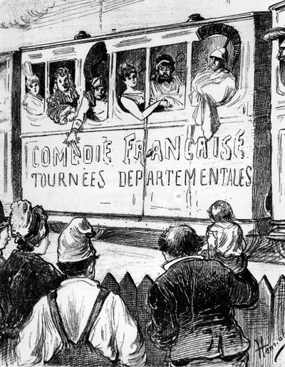 A Comédie Française szereplői franciaországi turnén egy különvonattal megállnak, hogy a vidékiek bepillantást engedjenek a színházba, 19. század második fele. alkotó: Henri Maigrot