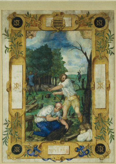 Novemberi naptár oldal, fakivágás, órakönyvből, 1550-60 körül alkotó: Maitre des Heures de Claude Gouffier