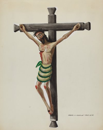 Cristo, faragott és festett, fekete faragott fakereszten, c. 1937. alkotó: Majel G. Claflin