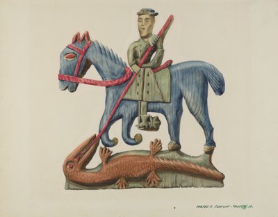 Szent György és a sárkány, deszkából faragva - festve, c. 1938. alkotó: Majel G. Claflin