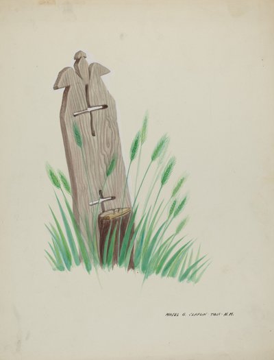 Fából készült sírjelző, c. 1937. alkotó: Majel G. Claflin