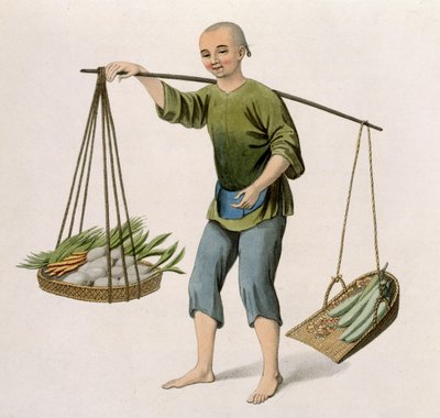 Egy fiú zöldségekkel, 54-es tábla a „Kína jelmezei”-ből, J. Dadley metszet, 1800 alkotó: Major George Henry Mason