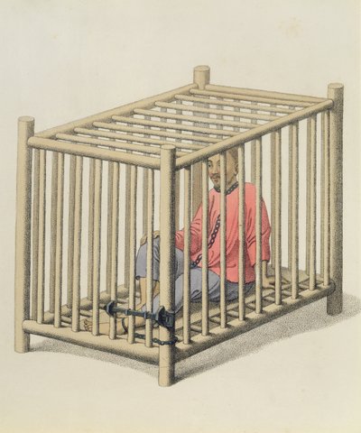 Egy gonosztevő ketrecben, 15. tábla a „Kína büntetéseiből”, J. Dadley metszet, 1804 alkotó: Major George Henry Mason
