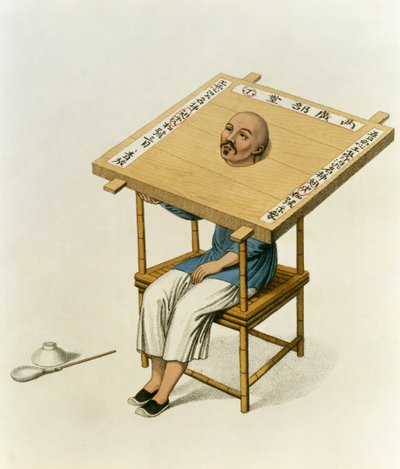 A fából készült nyakörv büntetése, 13. tábla a "The Punishments of China" című könyvből, metszette J. Dadley, 1804. alkotó: Major George Henry Mason