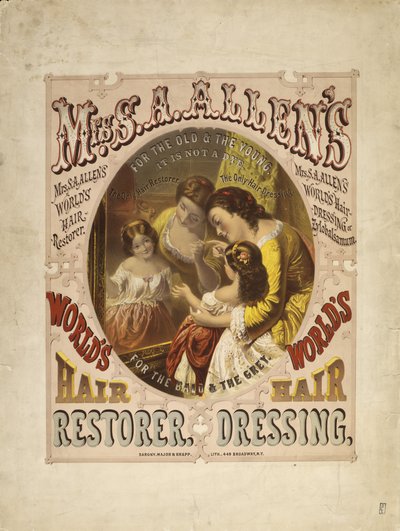 Mrs. S. A. Allen, a világ hajhelyreállítója, fodrászat, 1865 (litográfia) alkotó: Major and Knapp Sarony