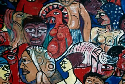 Arcok, falfestmény a Maputói Természettudományi Múzeum kertjében, Malangatana Valente Ngwenya (1936-2011), Mozambik, 20. század. alkotó: Malangatana Valente Ngwenya