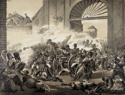 Espana. Guerra de Independecia (1808). Május második napja Madridban. Luis Daoiz halála a Monteleon park védelmében. Metszet Manuel Castellano festménye után. Litográfia. alkotó: Manuel (after) Castellano