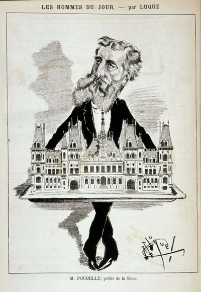M. Poubelle, a Szajna prefektusának rajzfilmje a párizsi városházát egy fennsíkon hordozza - Dess. Luque, a „La Caricature” című filmben, 1887.08.13.¿ alkotó: Manuel Luque