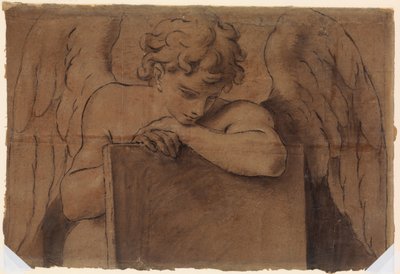 Rajzfilmtöredék egy táblagépre vagy zárt könyvre támaszkodó serdülő angyal számára, kb. 1690-95. alkotó: Marc Antonio Franceschini