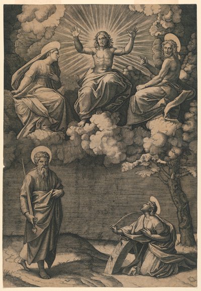 Jézus Krisztus, a Szűz és Keresztelő Szent János Szent Pállal és Katalinnal alkotó: Marc Antonio Raimondi