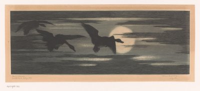 Három kacsa sétál a lenyugvó nap mellett alkotó: Marc Henry Meunier (attributed to)