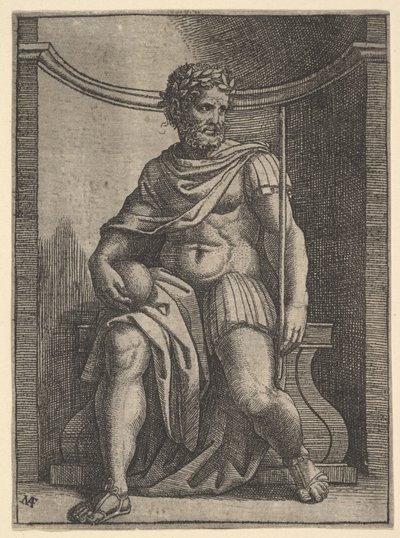 Egy római császár egy fülkében ül, földgömböt és jogart tart, és a..., kb. 1500-1534. alkotó: Marcantonio Raimondi
