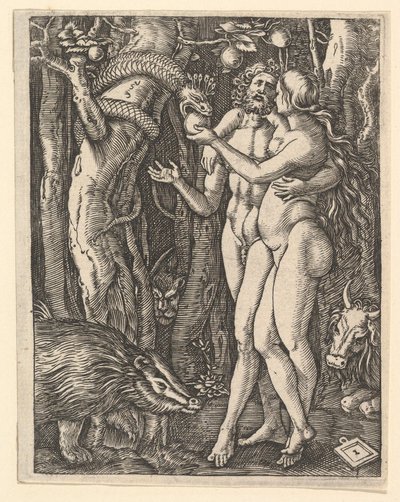 Ádám és Éva almával és kígyóval, kb. 1500-1534. alkotó: Marcantonio Raimondi