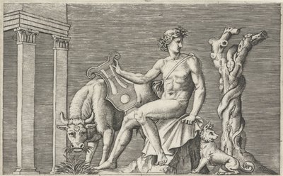 Apollo őrzi Admetus nyáját Mitológiai ábrázolások ókori domborművek után (sorozat címe) alkotó: Marcantonio Raimondi