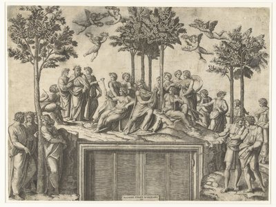 Apollón és múzsák a Parnasszuszon alkotó: Marcantonio Raimondi