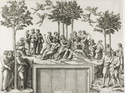 Apollo a Parnassuson, körülvéve a múzsákkal és költőkkel alkotó: Marcantonio Raimondi