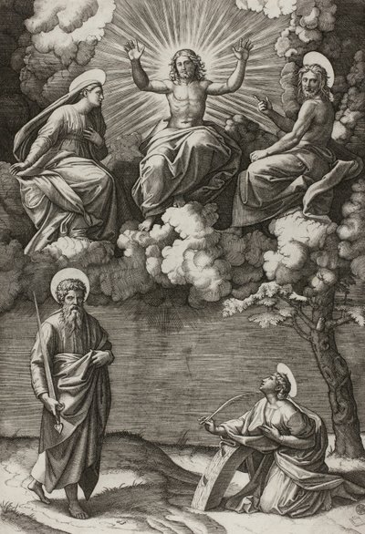 Krisztus, a Szűz és Keresztelő Szent János Szent Pállal és Katalinnal alkotó: Marcantonio Raimondi