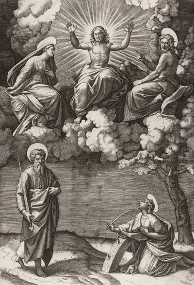 Krisztus, a Szűz és Keresztelő Szent János Szent Pállal és Katalinnal, 1520-25 alkotó: Marcantonio Raimondi