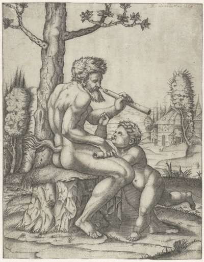 Faun furulyával játszik a gyerekkel alkotó: Marcantonio Raimondi