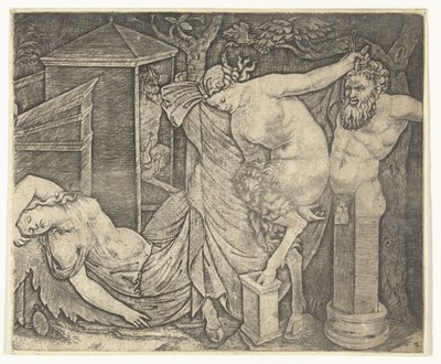 Bacchanal töredéke Satyr Woman és Herme és Alvó Bacchante-val alkotó: Marcantonio Raimondi