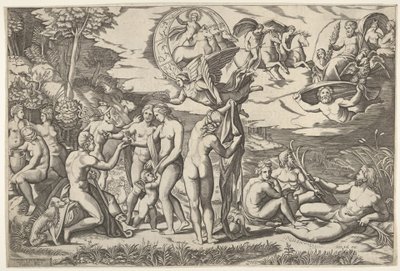 Párizs ítélete: Paris kezet nyújt Vénusz felé, aki Juno és... között áll, kb. 1520-50. alkotó: Marcantonio Raimondi