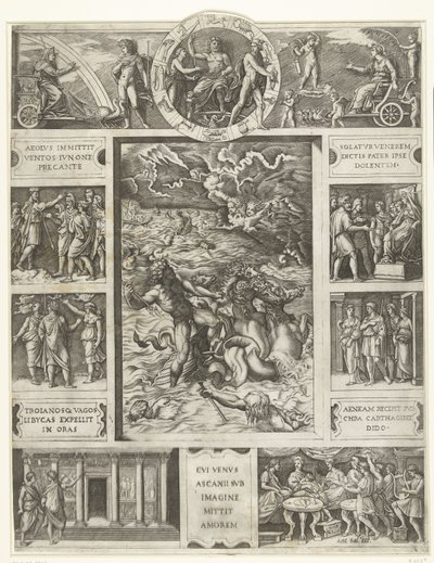 A Jupiter téglalap alakú keretben, az epikus Aeneis kilenc jelenetével csillapítja a vihart a tengeren alkotó: Marcantonio Raimondi