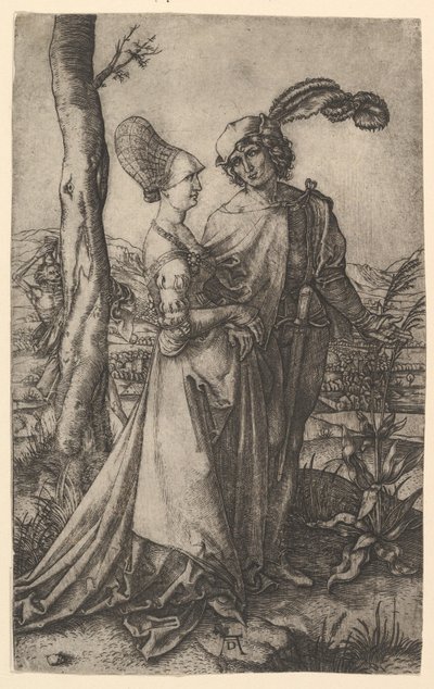 Halálfigurával sétáló úr és hölgy egy fa mögé bújva, kezében egy óra..., kb. 1500-1534. alkotó: Marcantonio Raimondi