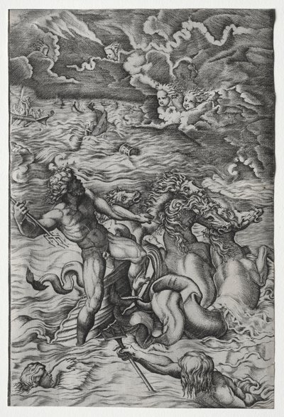 A Neptunusz lecsillapítja a vihart, amelyet Aeolus keltett Aeneas flottája ellen alkotó: Marcantonio Raimondi
