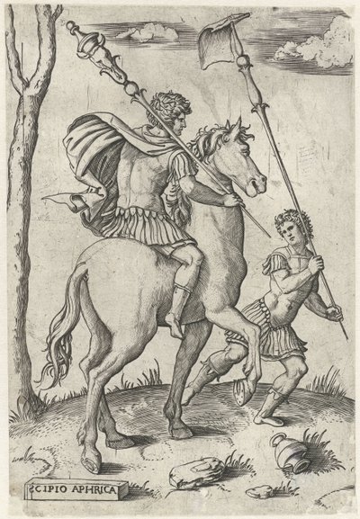 Scipio Africanus Maior római hadvezérek lóháton és Scipio Africanus Minor Római hősök lóháton (sorozat címe) alkotó: Marcantonio Raimondi