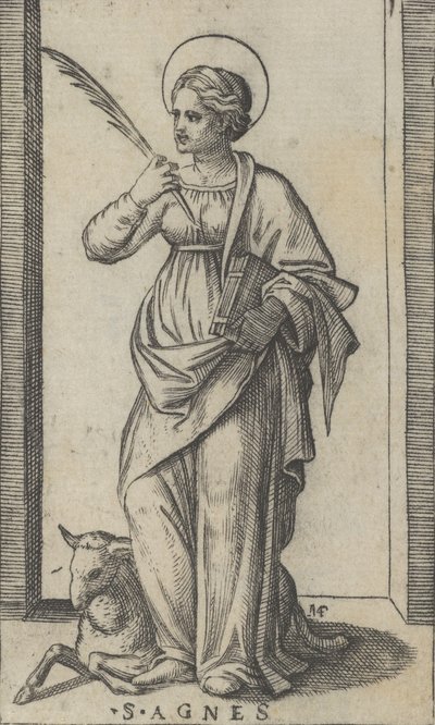 Szent Ágnes áll, tenyeret tart a jobb kezében, egy bárány lent balra, a..., kb. 1500-1527. alkotó: Marcantonio Raimondi