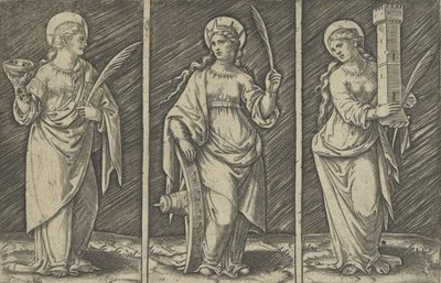 Szent Borbála balra, Szent Katalin, középen, Saint Lucy jobbra, kb. 1500-1527., kb. 1500-1527. alkotó: Marcantonio Raimondi