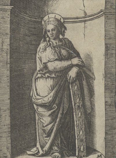 Szent Katalin egy fülkében áll, keréken nyugszik, kínzóeszköze..., kb. 1500-1527. alkotó: Marcantonio Raimondi
