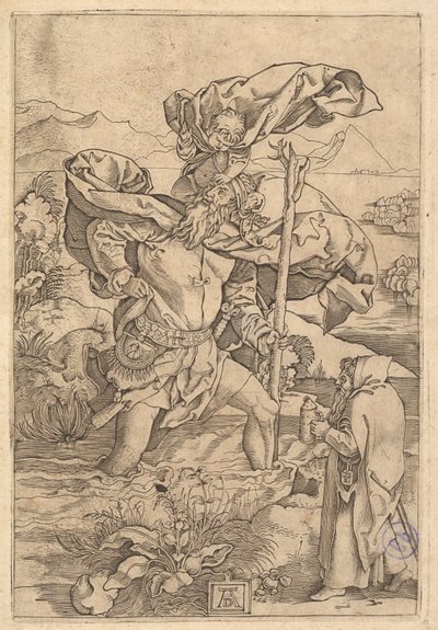Szent Kristóf átkel a folyón Krisztussal puttony formájában a..., kb. 1500-1534. alkotó: Marcantonio Raimondi