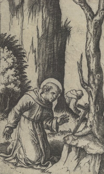 Assisi Szent Ferenc feszület előtt imádkozik, a Piccoli Santi... sorozatból, kb. 1500-1527. alkotó: Marcantonio Raimondi