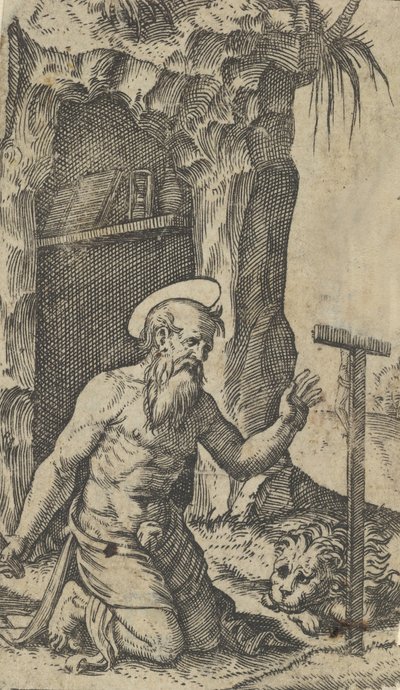 Szent Jeromos egy feszület előtt térdel, a Piccoli Santi sorozatból Small S..., kb. 1500-1527. alkotó: Marcantonio Raimondi