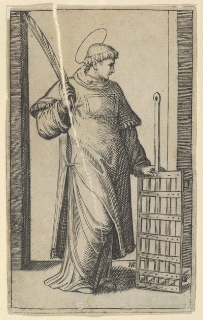 Szent Lőrinc, bal kézzel rácson pihenve, a Piccoli Santi Sm... sorozatból, kb. 1500-1527. alkotó: Marcantonio Raimondi