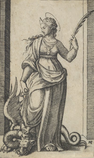 Szent Margit áll, sárkány a bal oldalon, a Piccoli Santi S... sorozatból, kb. 1500-1527. alkotó: Marcantonio Raimondi
