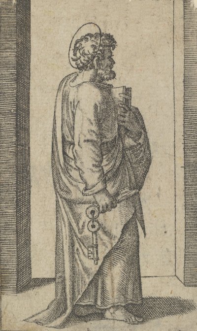Szent Péter, kulcsok a jobb kézben, könyv a bal oldalon, jobbra fordítva, a „Pic...” sorozatból, kb. 1500-1527. alkotó: Marcantonio Raimondi