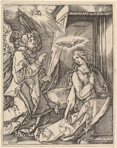 Az Angyali üdvözlet, bal oldalon Gábriel arkangyal közeledik az imádkozó Szűzhöz..., kb. 1500-1534. alkotó: Marcantonio Raimondi