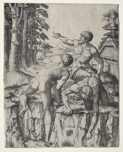 A hegymászók (három figura Michelangelo cascinai csatájából) alkotó: Marcantonio Raimondi