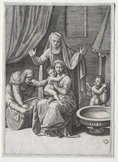 A Szűz és a bölcső Szent Erzsébettel és Szent Annával alkotó: Marcantonio Raimondi