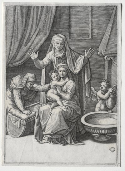 A Szűz és a bölcső Szent Erzsébettel és Szent Annával, 1520. alkotó: Marcantonio Raimondi