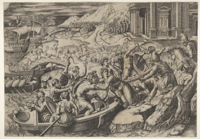 Helen elrablása, csatajelenet a parton, ahol két férfi belerángat Helent egy b..., kb. 1520-27. alkotó: Marcantonio Raimondi