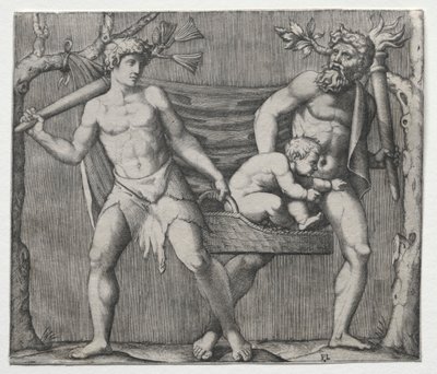 Két faun gyermeket cipelő kosárban, c. 1513-1515. alkotó: Marcantonio Raimondi