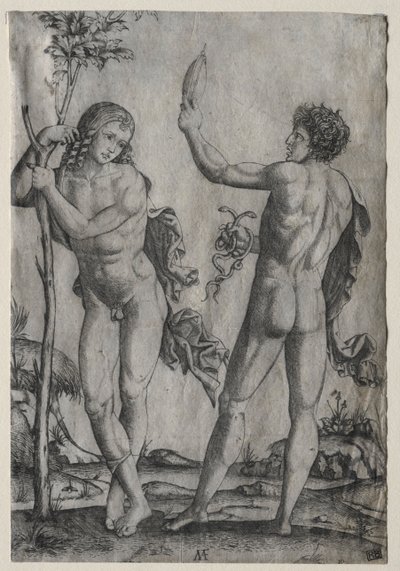 Két meztelen férfi egy fa mellett. alkotó: Marcantonio Raimondi