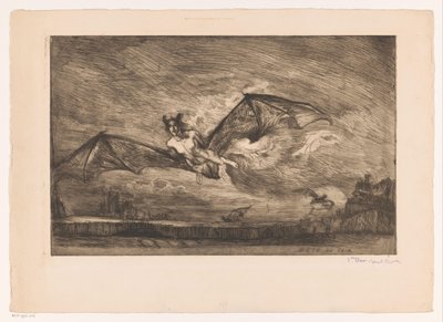Éjszakai táj denevérszerű lényekkel Bête du soir (cím a tárgyon) alkotó: Marcel Roux (signed by artist)